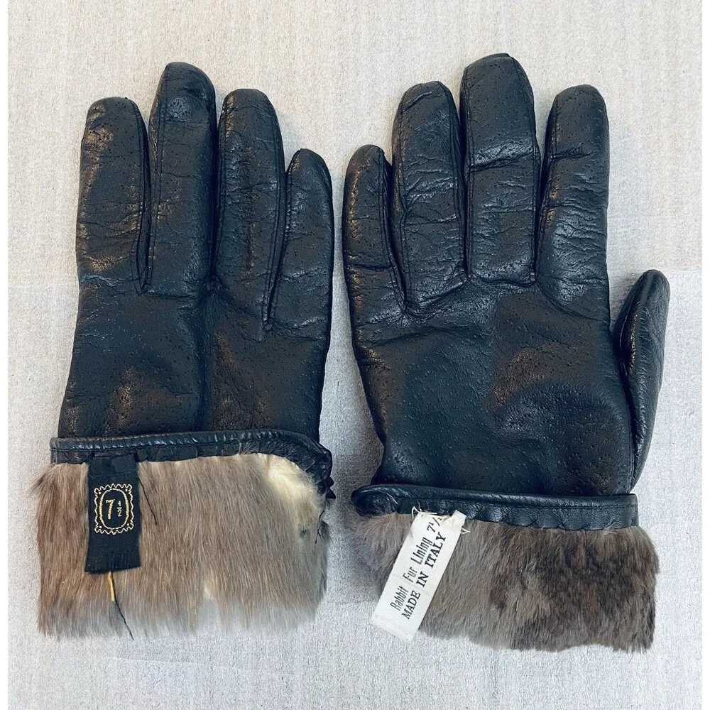 Vintage Italian Black Leather Gloves Rabbit Fur Lined Size 7.5 Made in Italy
